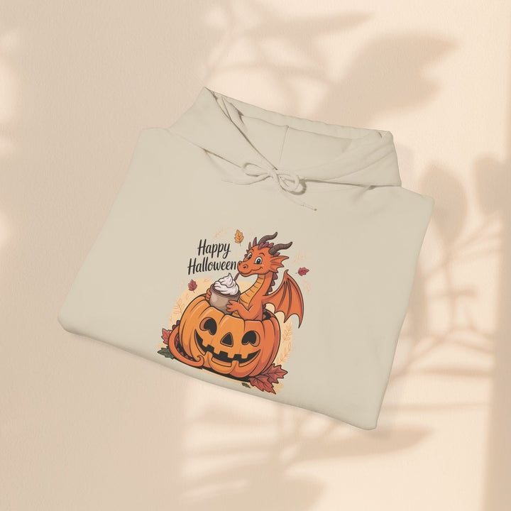 Sea Dragon Dreams beige cotton-blend hoodie featuring a cute dragon in a pumpkin with Happy Halloween text.