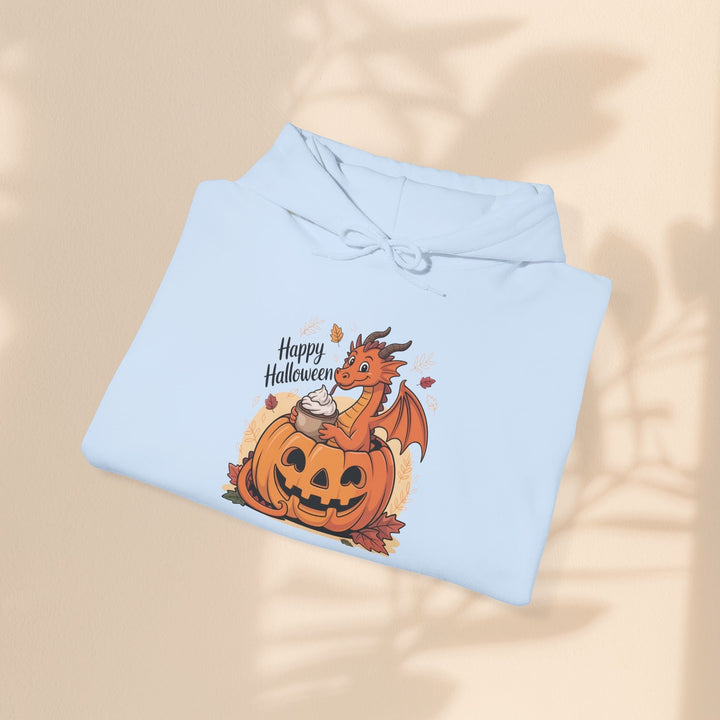 Sea Dragon Dreams light blue hoodie featuring a cute dragon sitting in a pumpkin with a drink, Halloween style.