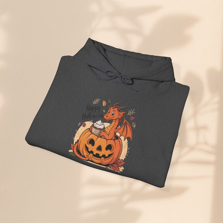 Sea Dragon Dreams dark grey cotton-blend hoodie featuring a cute dragon sitting in a pumpkin with a drink