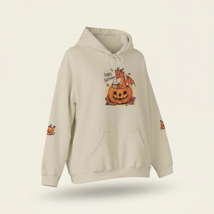 Sea Dragon Dreams beige cotton-blend hoodie featuring a playful dragon sitting in a pumpkin for Halloween.