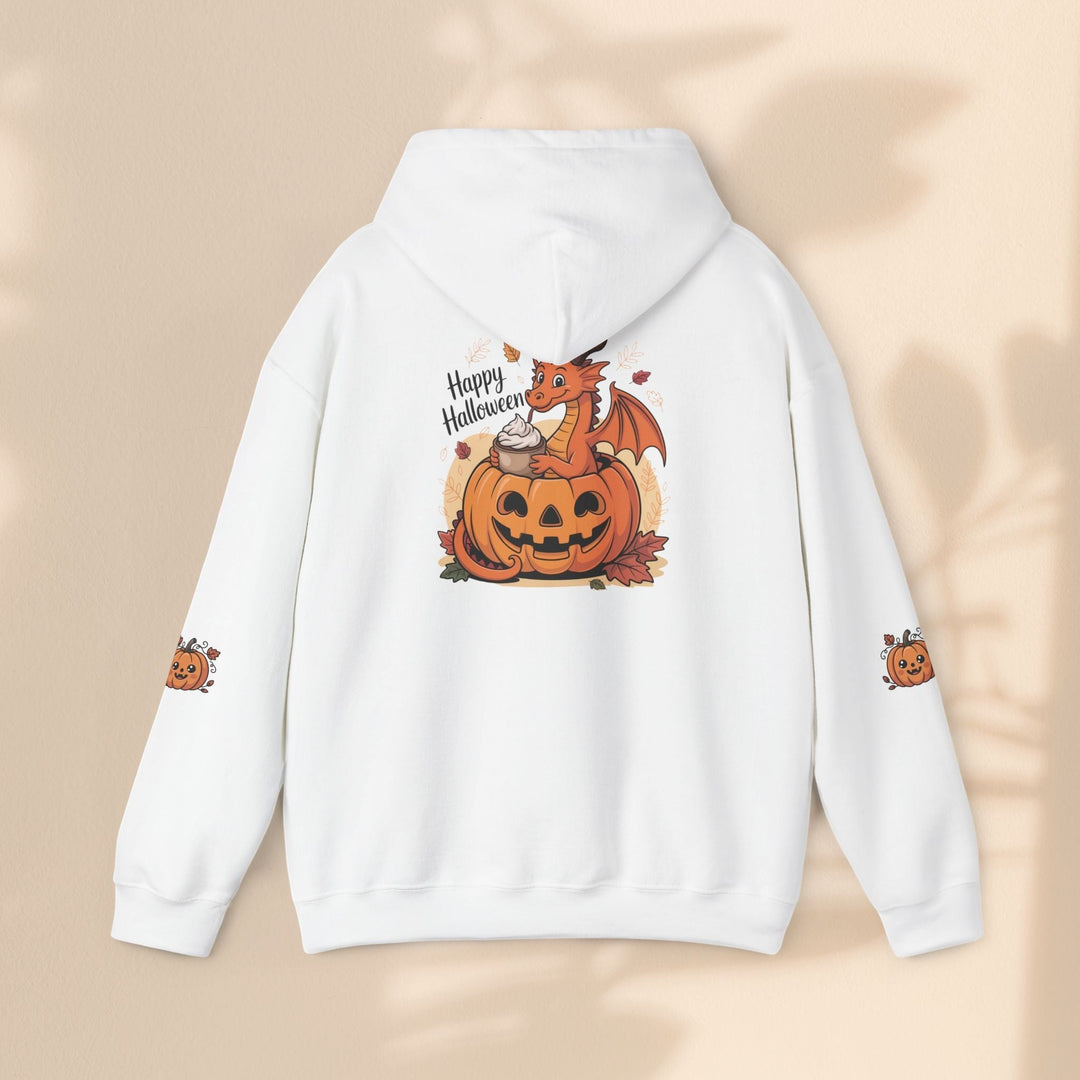 Sea Dragon Dreams white cotton-blend hoodie featuring a cute dragon in a pumpkin graphic on the back and sleeves.