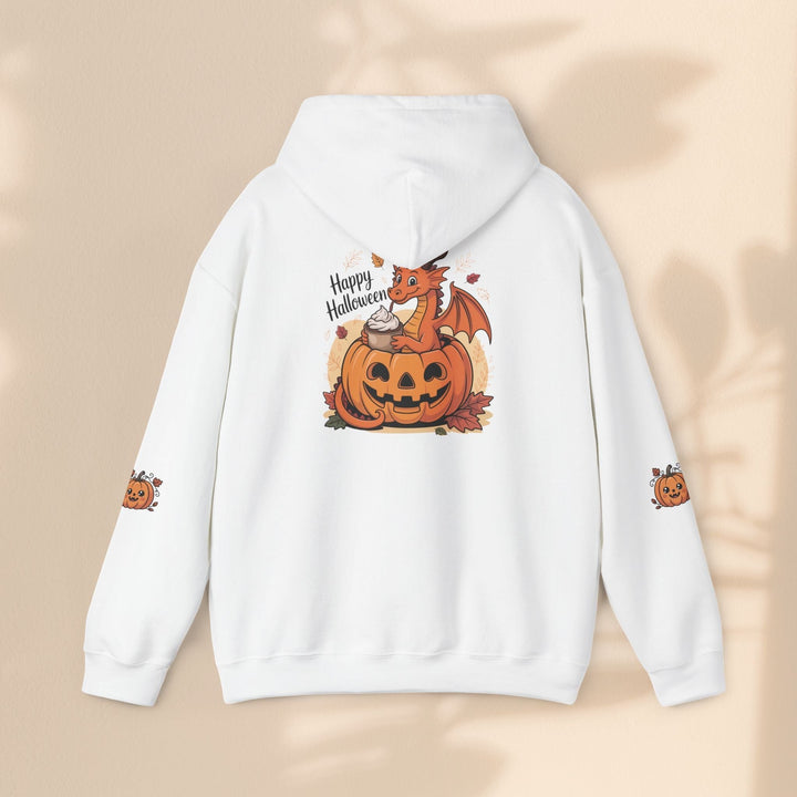 Sea Dragon Dreams white cotton-blend hoodie featuring a cute dragon in a pumpkin graphic on the back and sleeves.