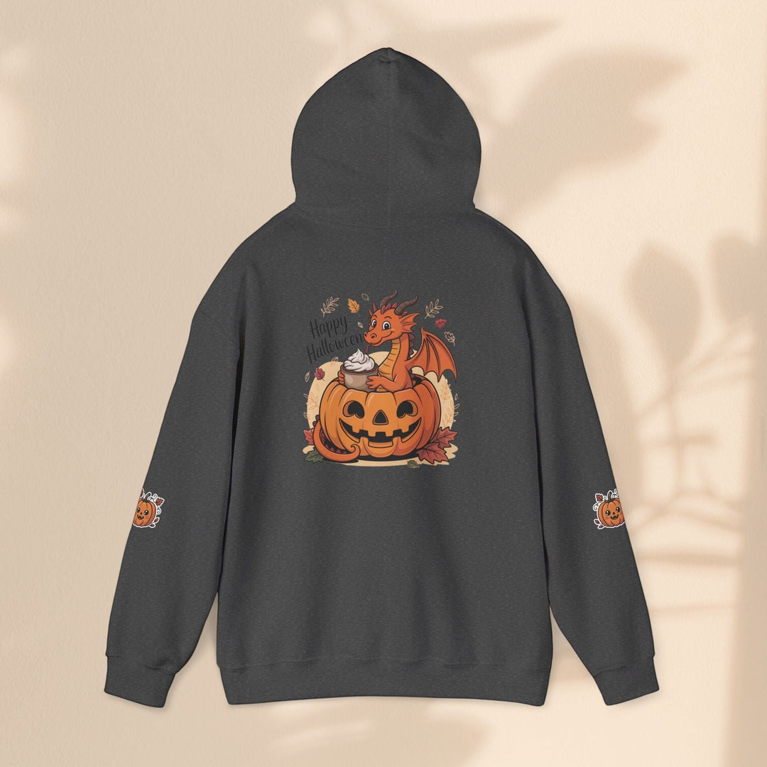 Sea Dragon Dreams dark grey hoodie featuring a playful dragon sitting in a jack-o-lantern with Happy Halloween text.