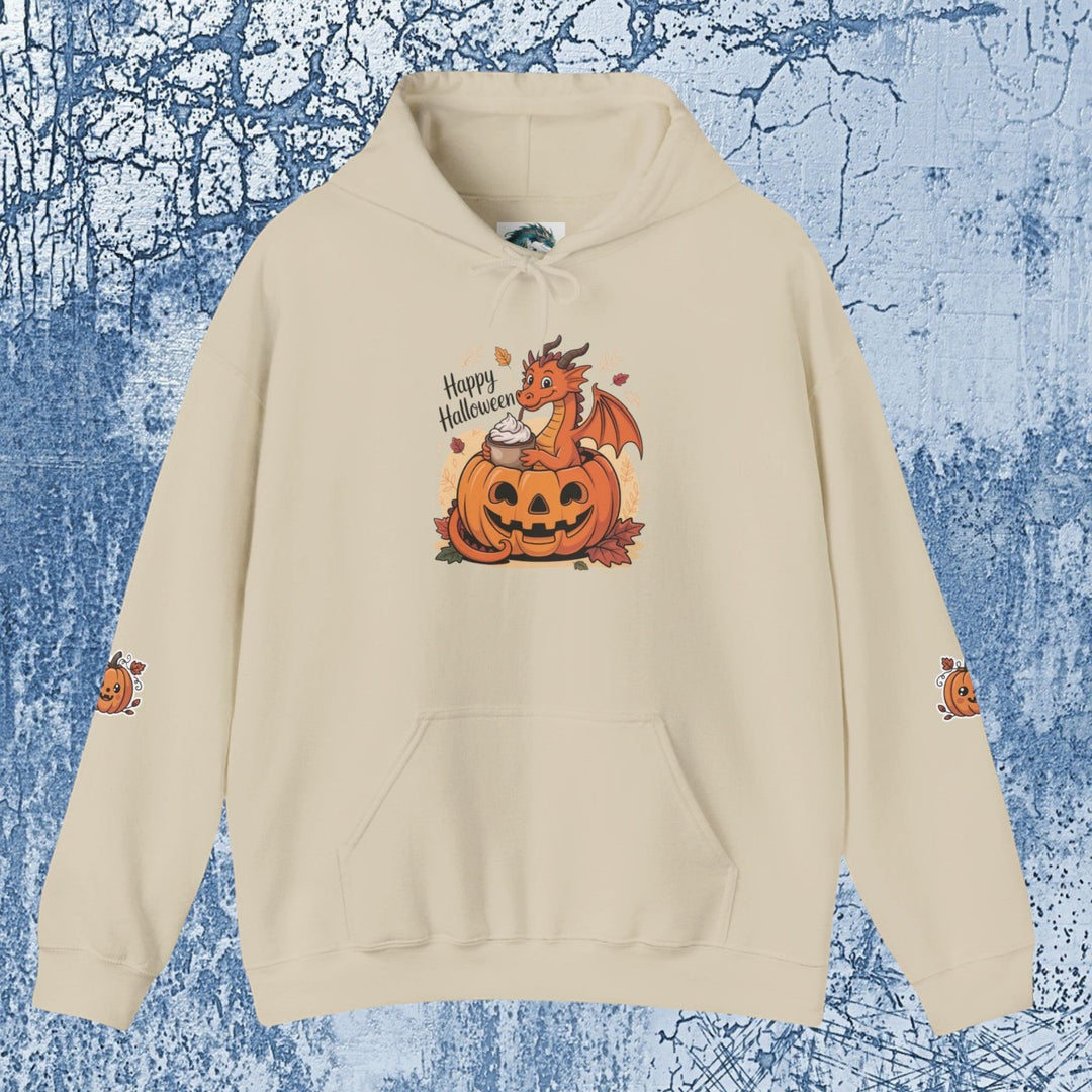 Sea Dragon Dreams beige cotton-blend hoodie featuring a cute dragon in a pumpkin with Happy Halloween text