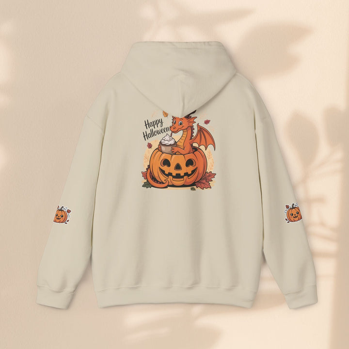 Sea Dragon Dreams beige hoodie featuring a back graphic of a dragon in a pumpkin with Happy Halloween text