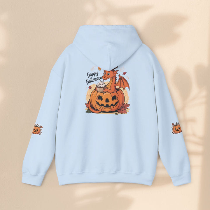 Sea Dragon Dreams light blue hoodie featuring a cute dragon in a pumpkin with Happy Halloween text on the back