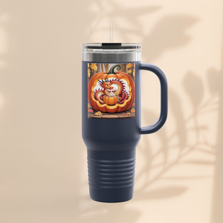 Sea Dragon Dreams 40oz stainless steel travel mug with a dragon and pumpkin Halloween design and included straw
