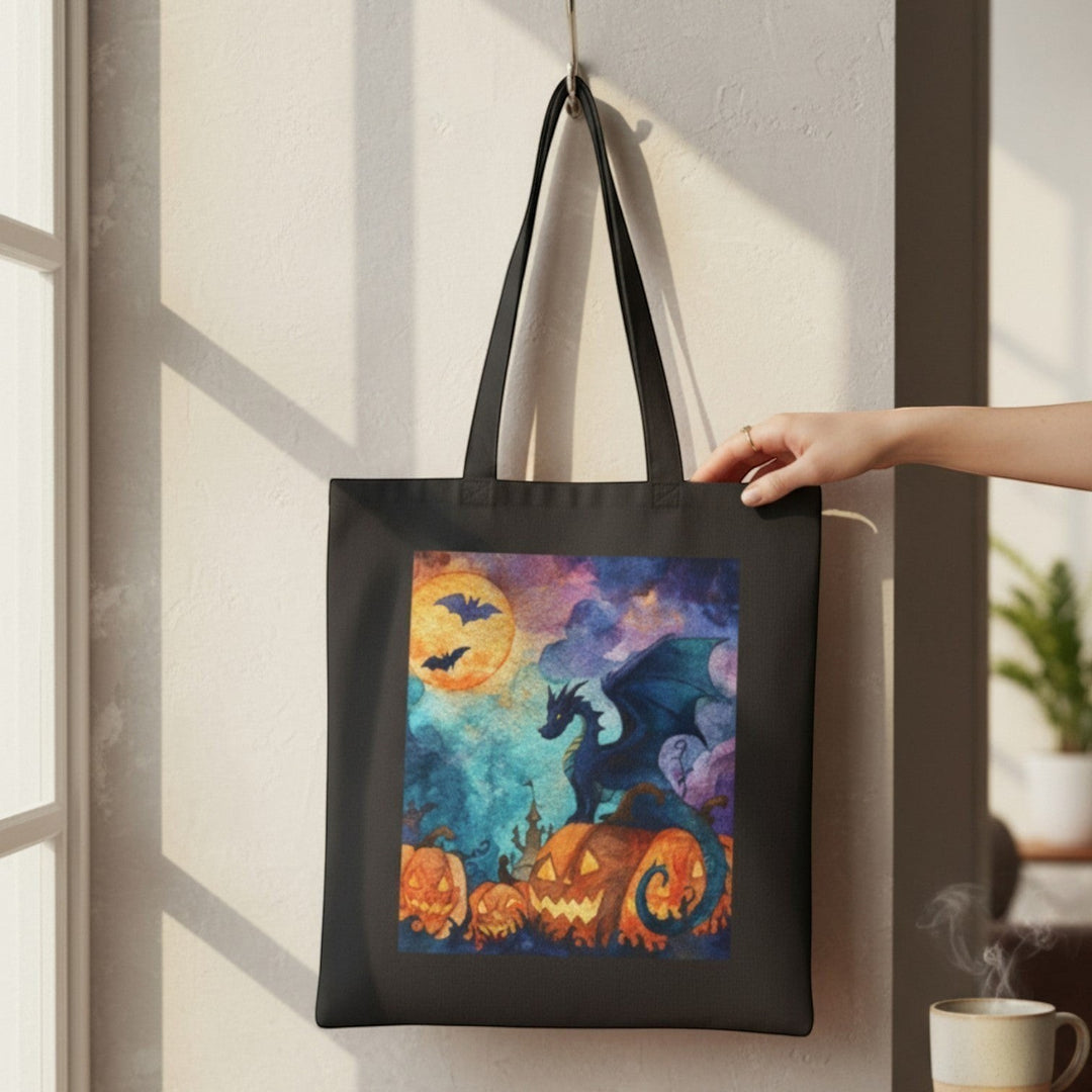Sea Dragon Dreams black cotton canvas tote bag featuring a mythical dragon perched on glowing jack-o'-lanterns.