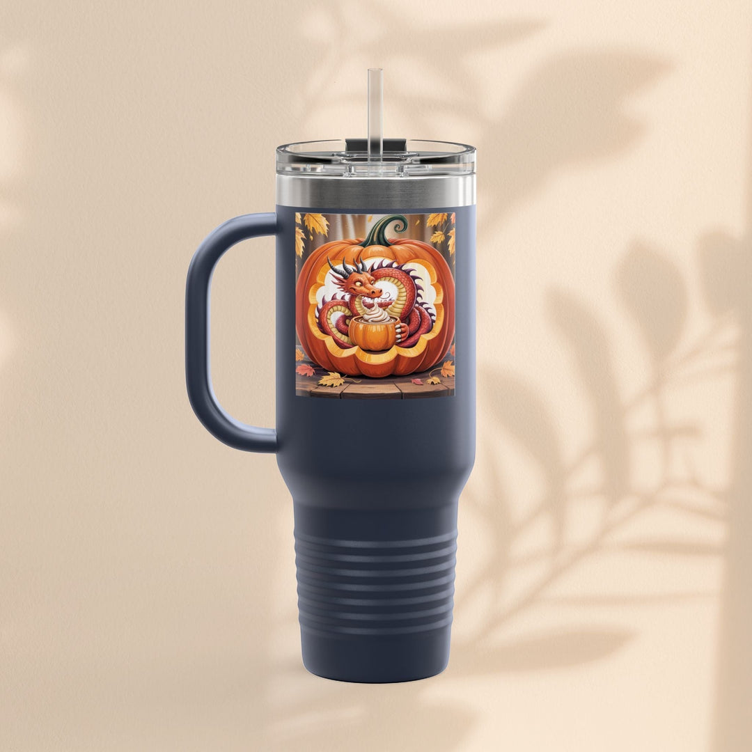 Sea Dragon Dreams 40oz stainless steel travel mug with a dragon pumpkin Halloween design and straw