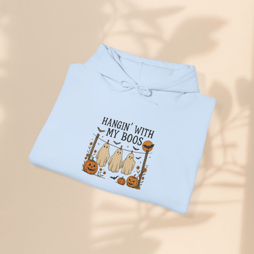 Sea Dragon Dreams light blue Halloween hooded sweatshirt with a Hanging With My Boos ghost and pumpkin graphic print.