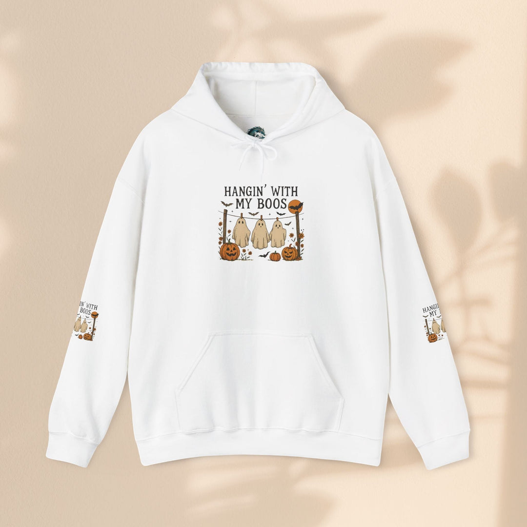 Sea Dragon Dreams white Halloween hooded sweatshirt with a Hanging With My Boos ghost and pumpkin graphic print.