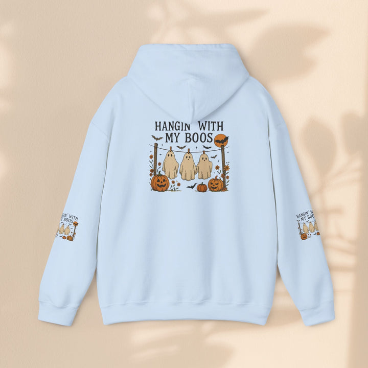 Sea Dragon Dreams light blue Halloween hoodie with a Hanging With My Boos ghost and pumpkin graphic on the back.