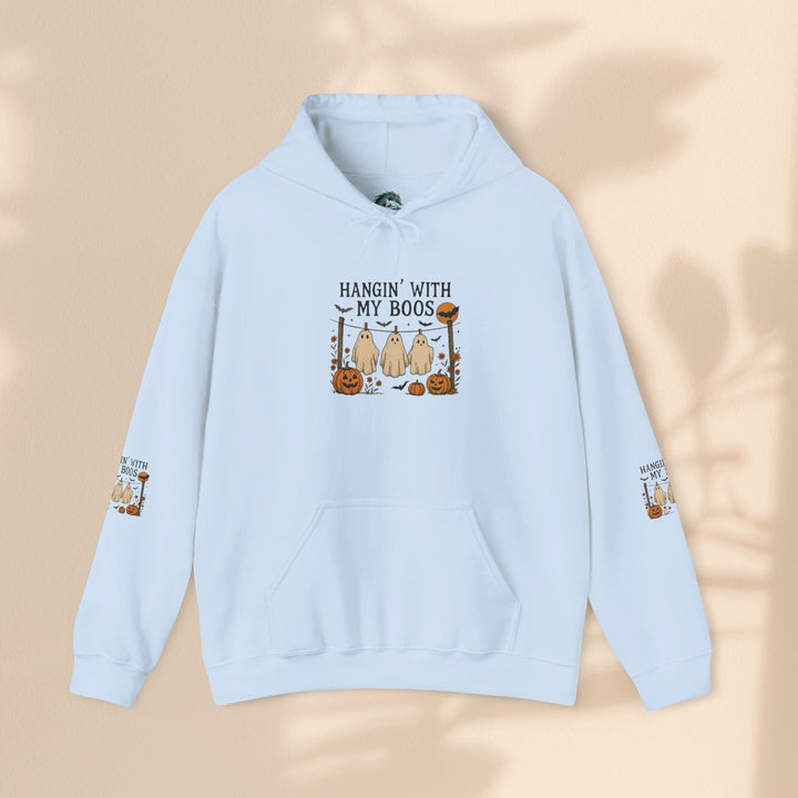 Sea Dragon Dreams light blue Halloween hoodie with a Hanging With My Boos ghost and pumpkin graphic on the chest.
