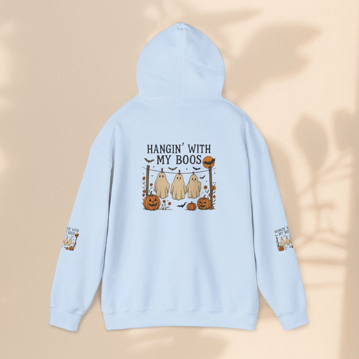 Sea Dragon Dreams light blue Halloween hoodie with a Hanging With My Boos ghost and pumpkin graphic on the back.
