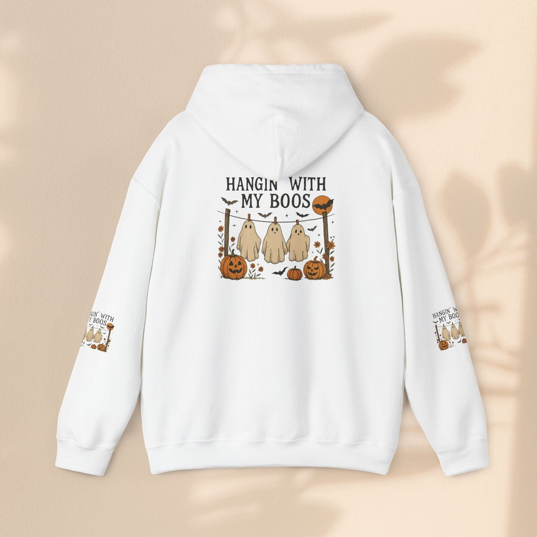 Sea Dragon Dreams white Halloween hoodie featuring a Hanging With My Boos ghost and pumpkin graphic on the back.