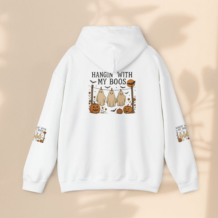 Sea Dragon Dreams white Halloween hoodie featuring a Hanging With My Boos ghost and pumpkin graphic on the back.