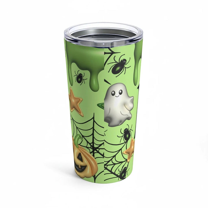 Sea Dragon Dreams 20oz stainless steel tumbler with a green Halloween ghost, pumpkin, and spider web pattern.