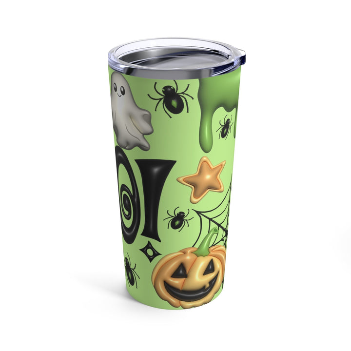 Sea Dragon Dreams 20oz stainless steel tumbler with a light green Halloween ghost, pumpkin, and spider pattern.