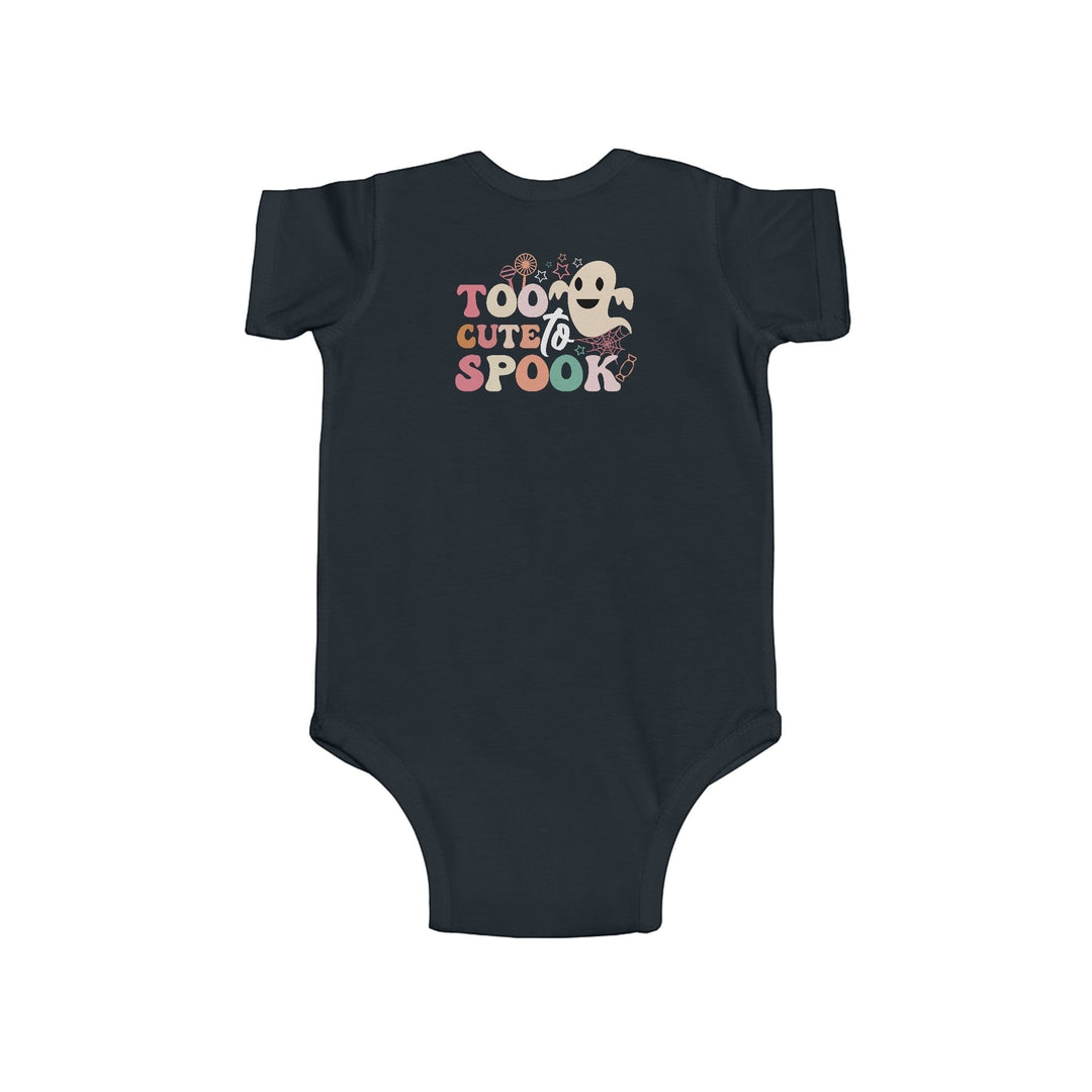 Sea Dragon Dreams infant bodysuit in black cotton with a Too Cute To Spook ghost Halloween graphic on the back.