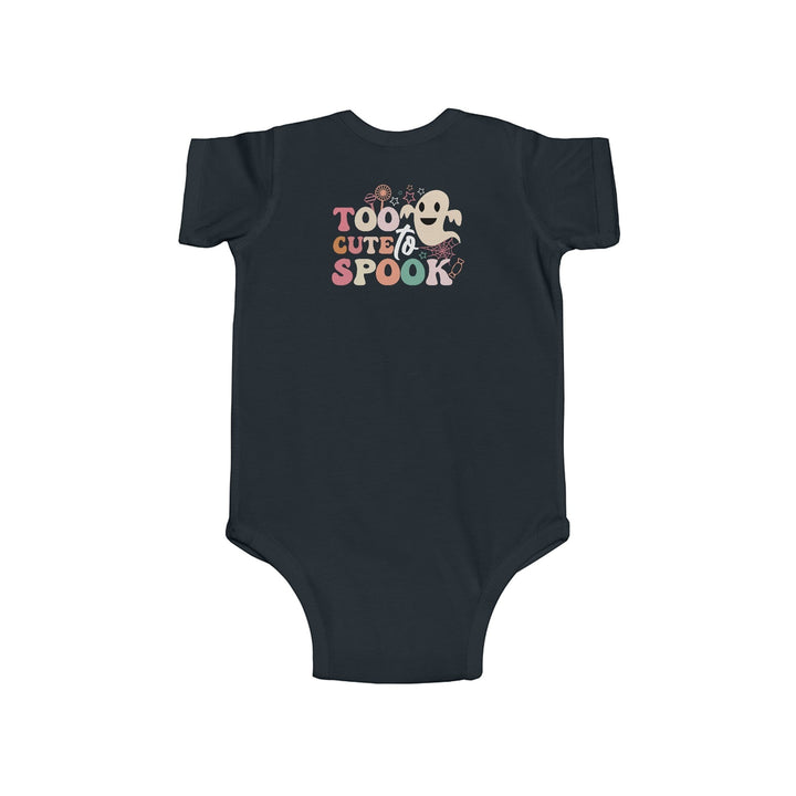 Sea Dragon Dreams infant bodysuit in black cotton with a Too Cute To Spook ghost Halloween graphic on the back.