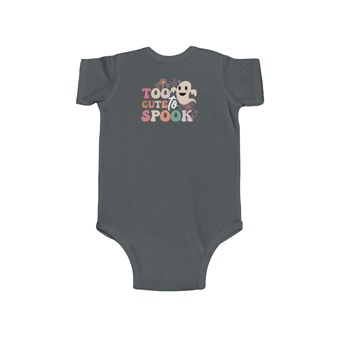 Sea Dragon Dreams infant bodysuit in dark grey with Too Cute To Spook ghost graphic for Halloween