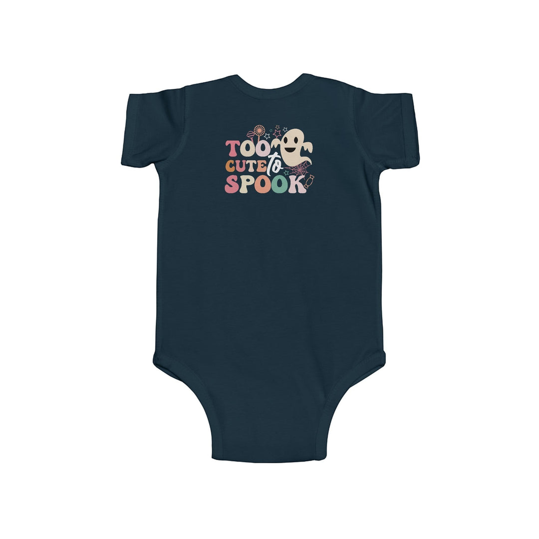 Sea Dragon Dreams infant bodysuit in dark navy with a Too Cute To Spook ghost graphic for Halloween.