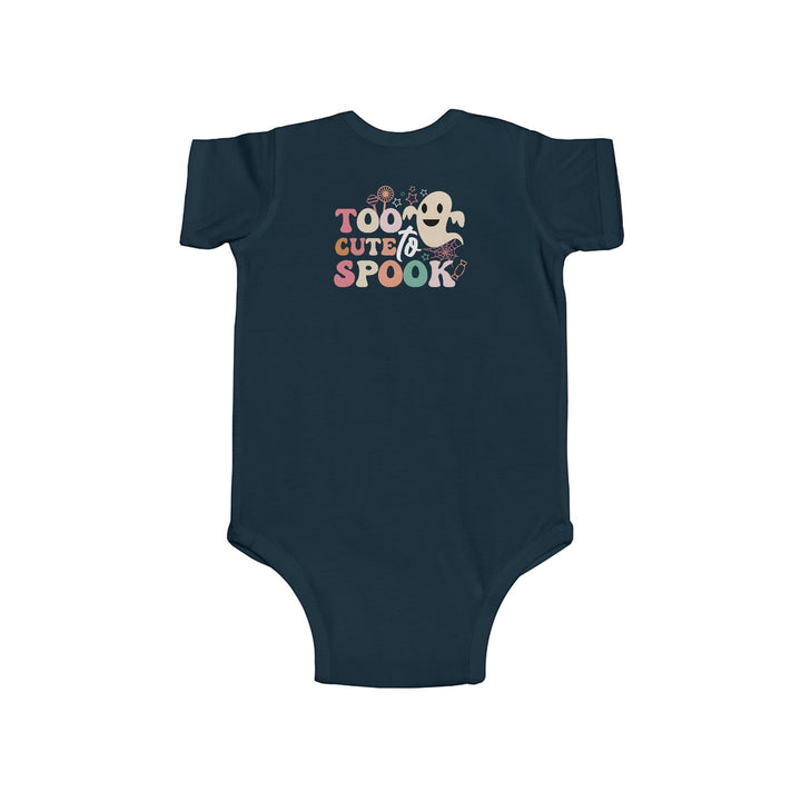Sea Dragon Dreams infant bodysuit in dark navy with a Too Cute To Spook ghost graphic for Halloween.