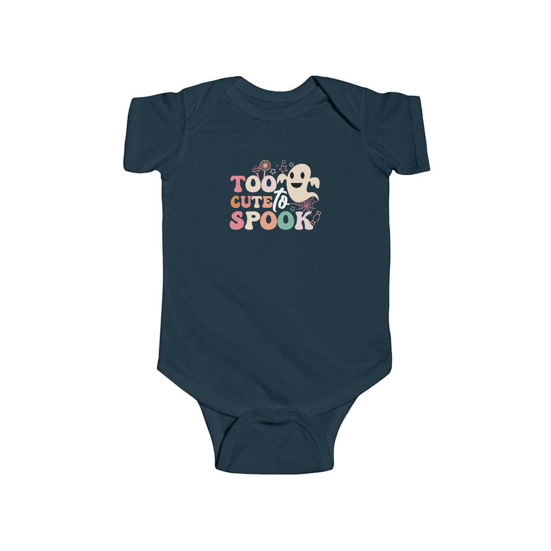 Sea Dragon Dreams infant bodysuit in dark blue cotton with a Too Cute To Spook ghost graphic for Halloween.