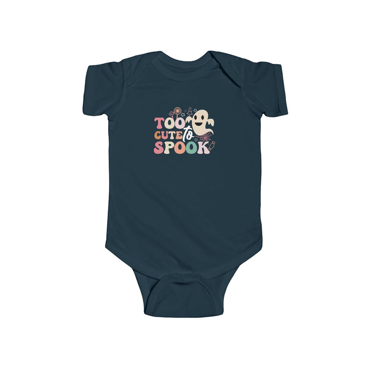 Sea Dragon Dreams infant bodysuit in dark blue cotton with a Too Cute To Spook ghost graphic for Halloween.