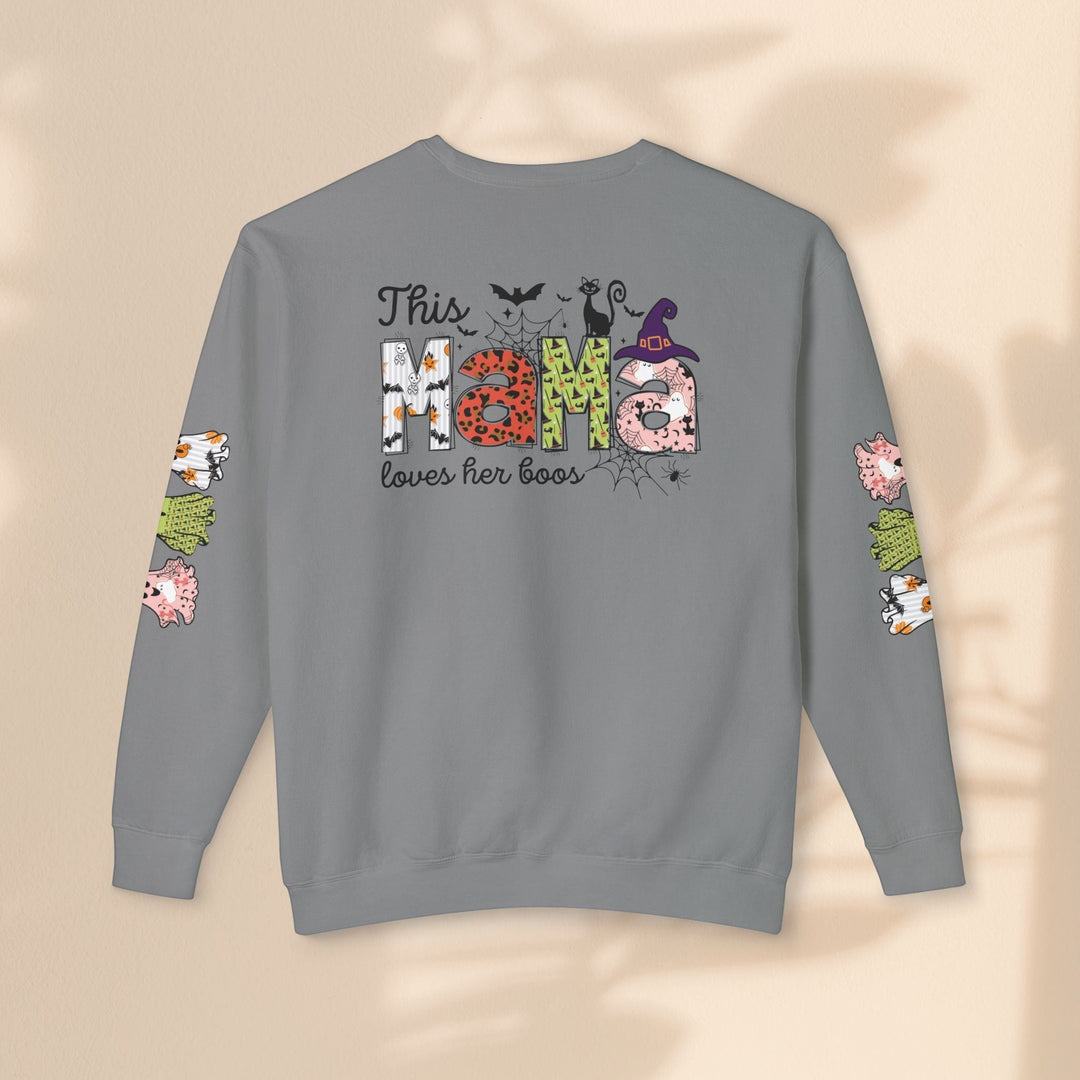 Sea Dragon Dreams grey crewneck sweatshirt featuring This Mama Loves Her Boos Halloween graphic on back and sleeves.