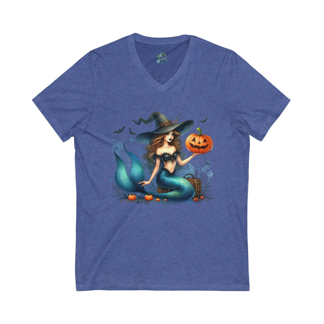 Sea Dragon Dreams blue v-neck t-shirt featuring a mermaid in a witch hat holding a jack-o'-lantern for Halloween.