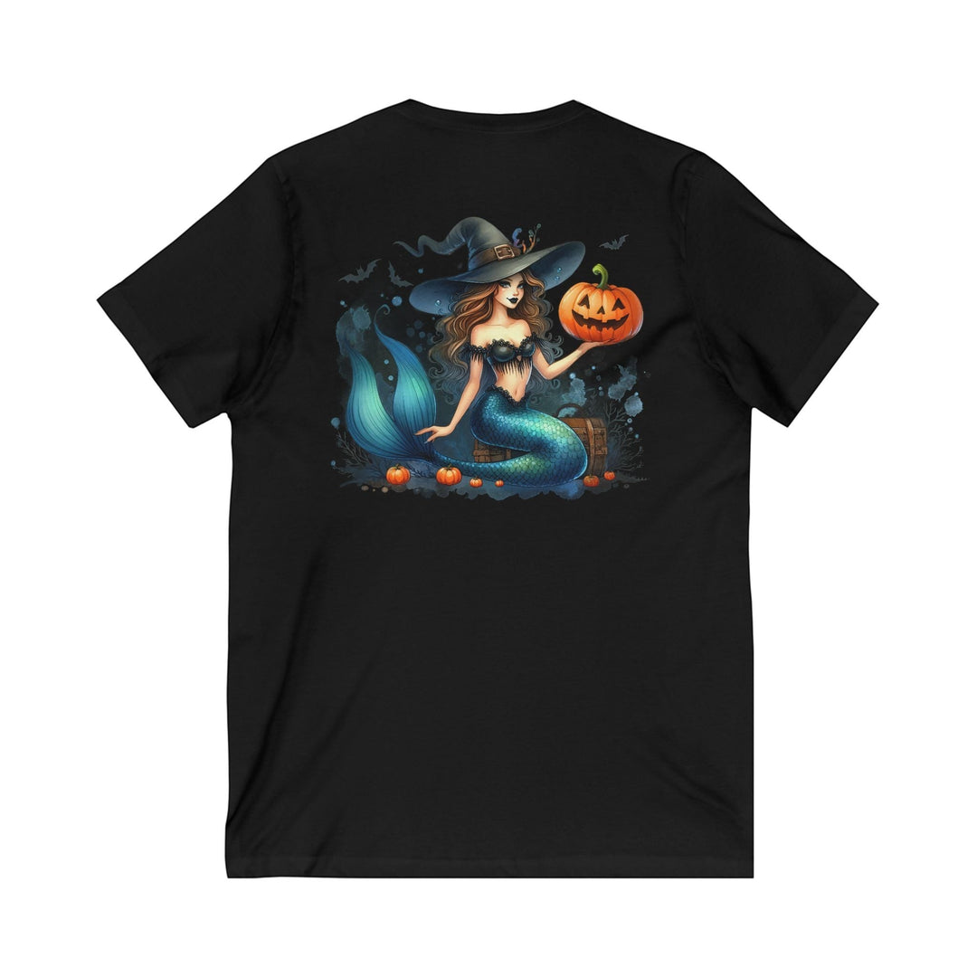 Sea Dragon Dreams black V-neck t-shirt featuring a spooky mermaid in a witch hat holding a pumpkin for Halloween.