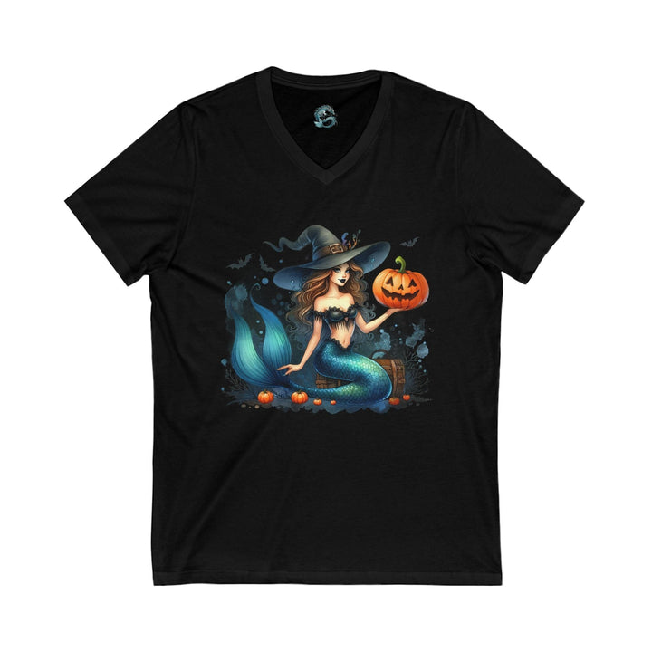 Sea Dragon Dreams black v-neck t-shirt featuring a mermaid in a witch hat holding a jack-o'-lantern for Halloween.