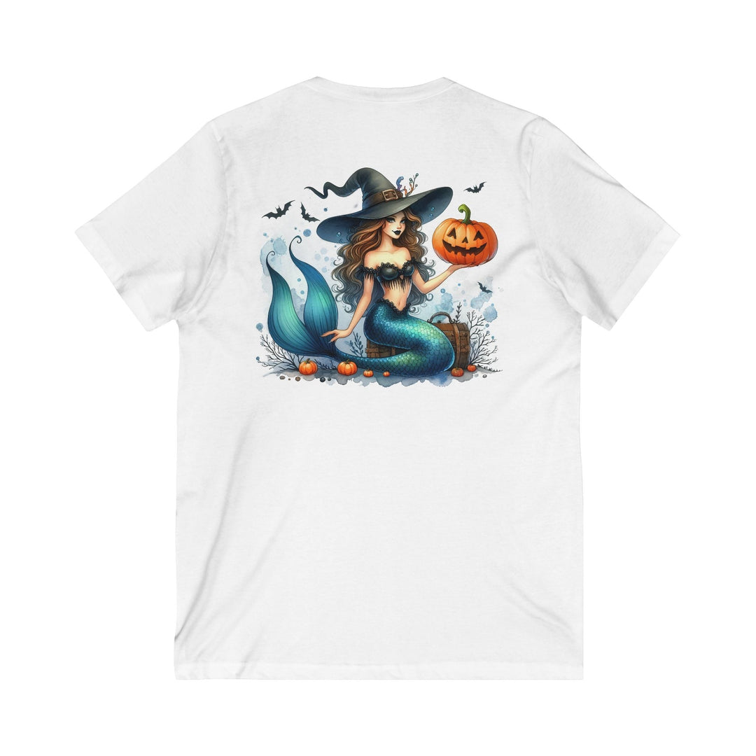 Sea Dragon Dreams white V-neck t-shirt featuring a mermaid in a witch hat holding a pumpkin for Halloween.