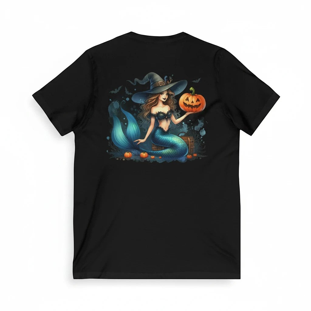 Sea Dragon Dreams black v-neck t-shirt featuring a mermaid in a witch hat holding a jack-o'-lantern for Halloween.