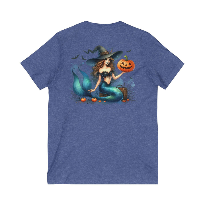 Sea Dragon Dreams heather blue V-neck t-shirt featuring a mermaid witch holding a pumpkin for Halloween