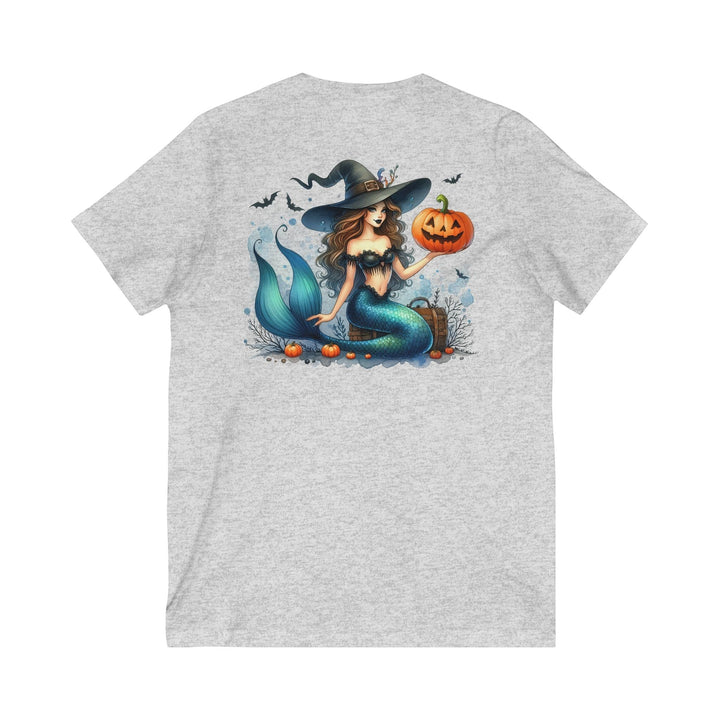 Sea Dragon Dreams grey v-neck t-shirt featuring a mermaid in a witch hat holding a jack-o-lantern for Halloween.