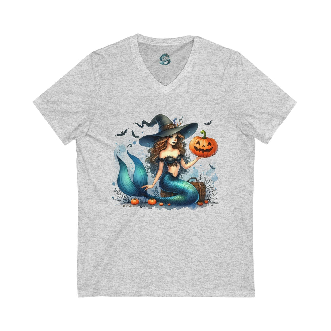 Sea Dragon Dreams grey v-neck t-shirt featuring a mermaid in a witch hat holding a pumpkin for Halloween.
