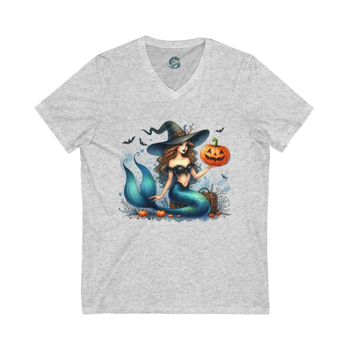 Sea Dragon Dreams grey v-neck t-shirt featuring a mermaid in a witch hat holding a pumpkin for Halloween.