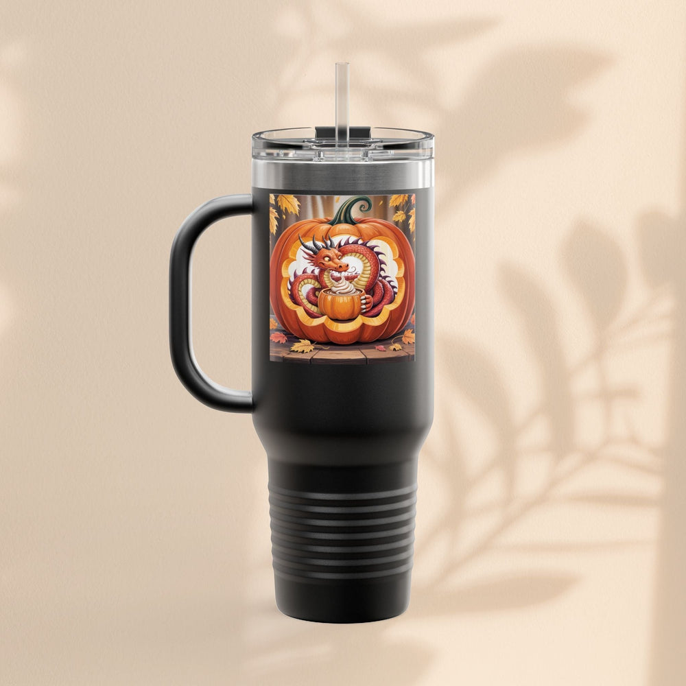Sea Dragon Dreams 40oz black stainless steel travel mug featuring a dragon inside a carved pumpkin Halloween design