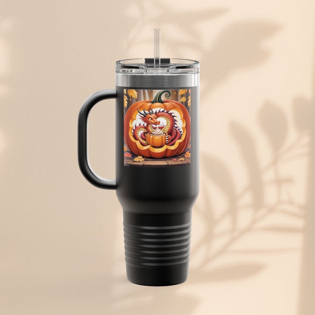 Sea Dragon Dreams 40oz black stainless steel travel mug featuring a dragon inside a carved pumpkin Halloween design