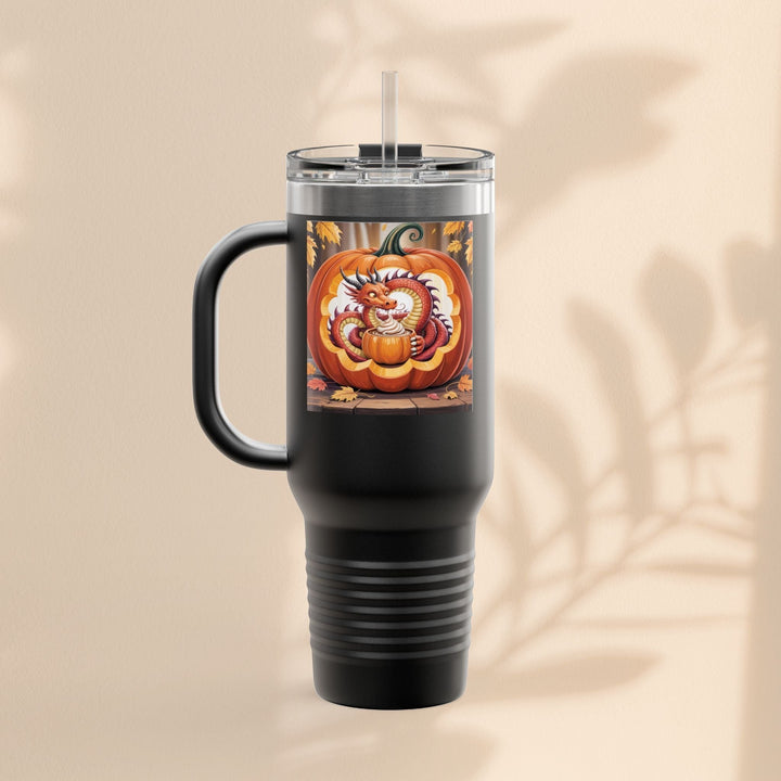 Sea Dragon Dreams 40oz black stainless steel travel mug featuring a dragon inside a carved pumpkin Halloween design