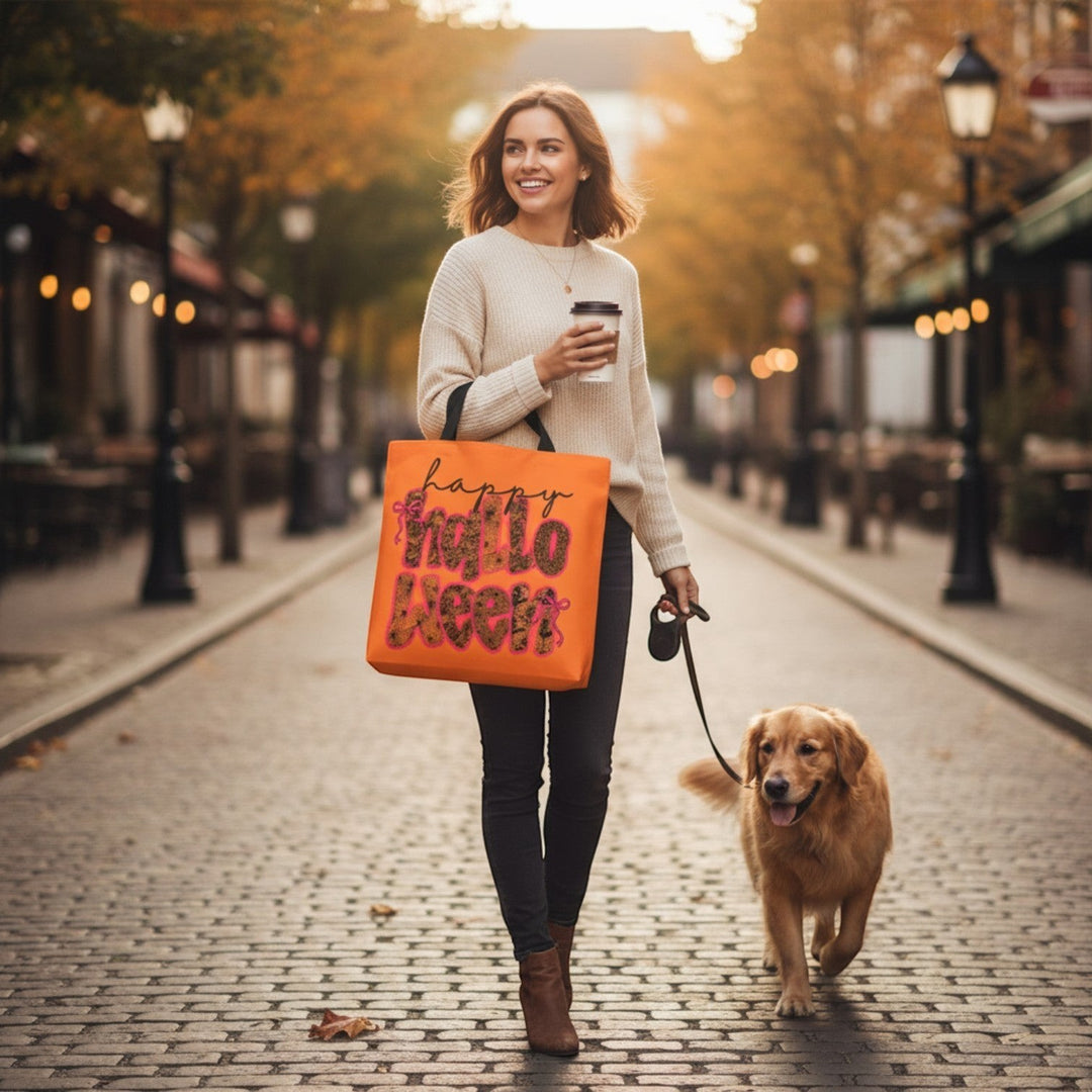 Sea Dragon Dreams Happy Halloween tote bag with orange fabric, carried by a woman walking her golden retriever.