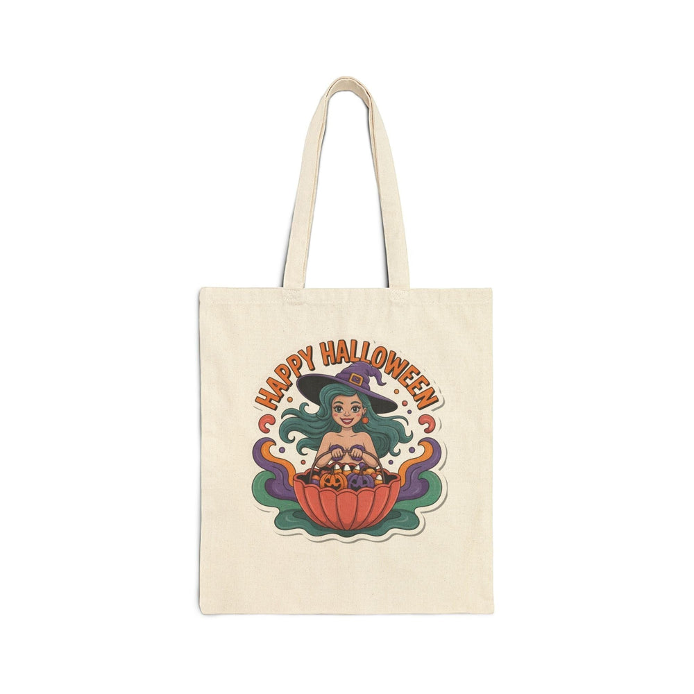 Sea Dragon Dreams cotton canvas tote bag featuring a cartoon witch with teal hair holding a pumpkin bucket for Halloween