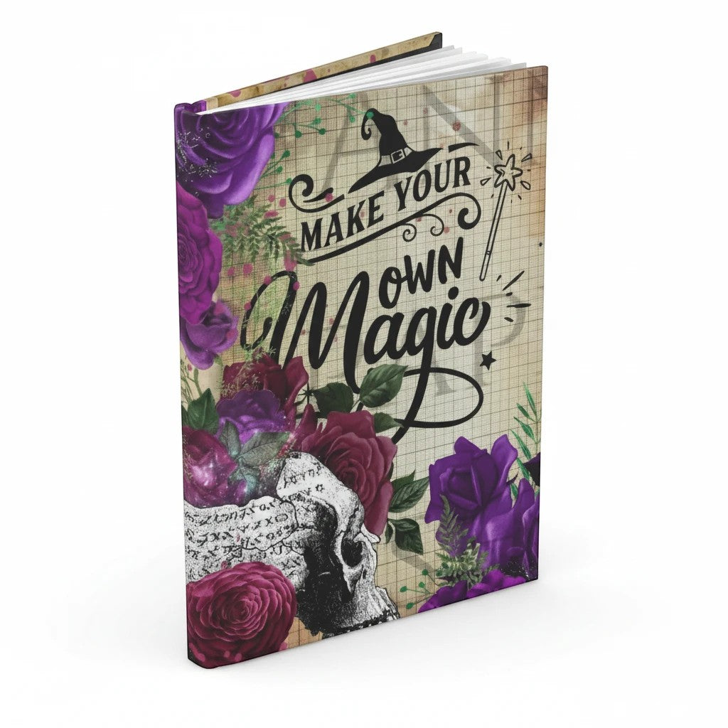 Sea Dragon Dreams hardcover journal with matte finish, featuring purple roses, a skull, and Make Your Own Magic text.