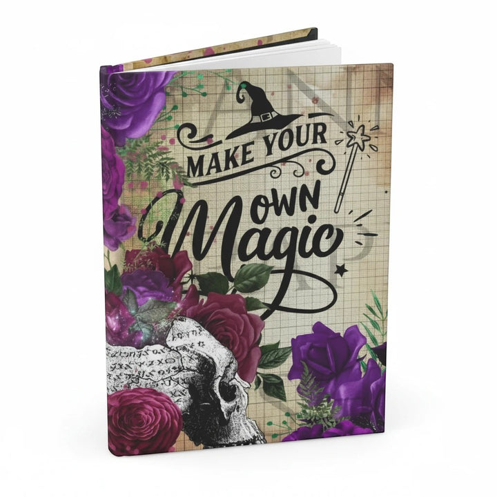 Sea Dragon Dreams hardcover journal with matte finish, featuring a skull, purple roses, and Make Your Own Magic text.