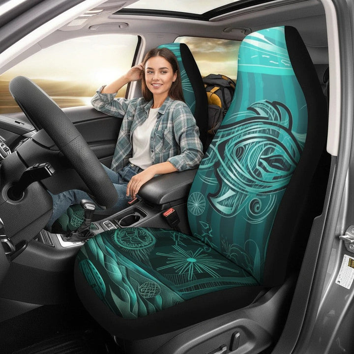 Sea Dragon Dreams Hawaii design car seat cover with teal tropical pattern and plush fabric installed in a vehicle.
