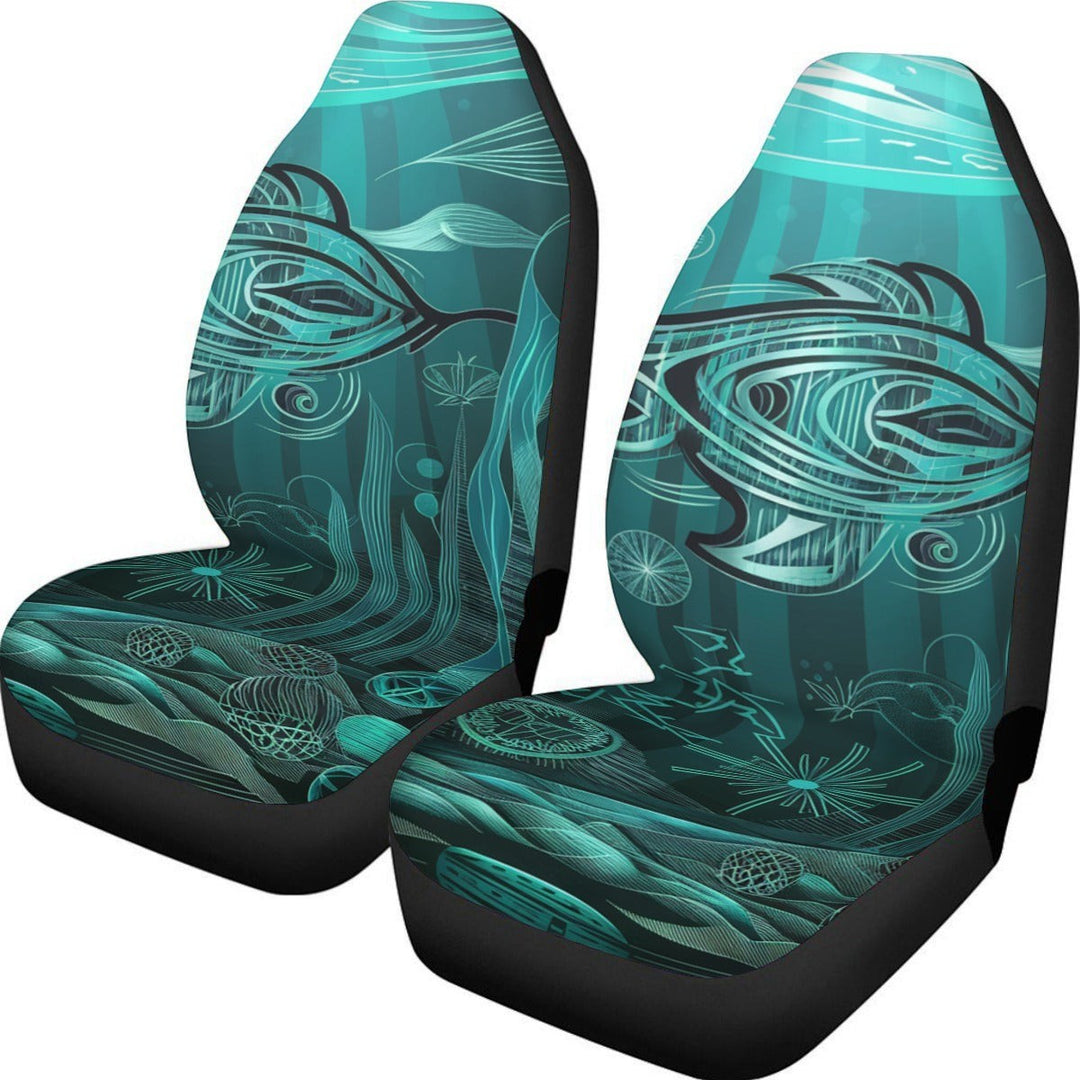 Sea Dragon Dreams pair of car seat covers featuring a teal and black Hawaiian-inspired underwater fish design.