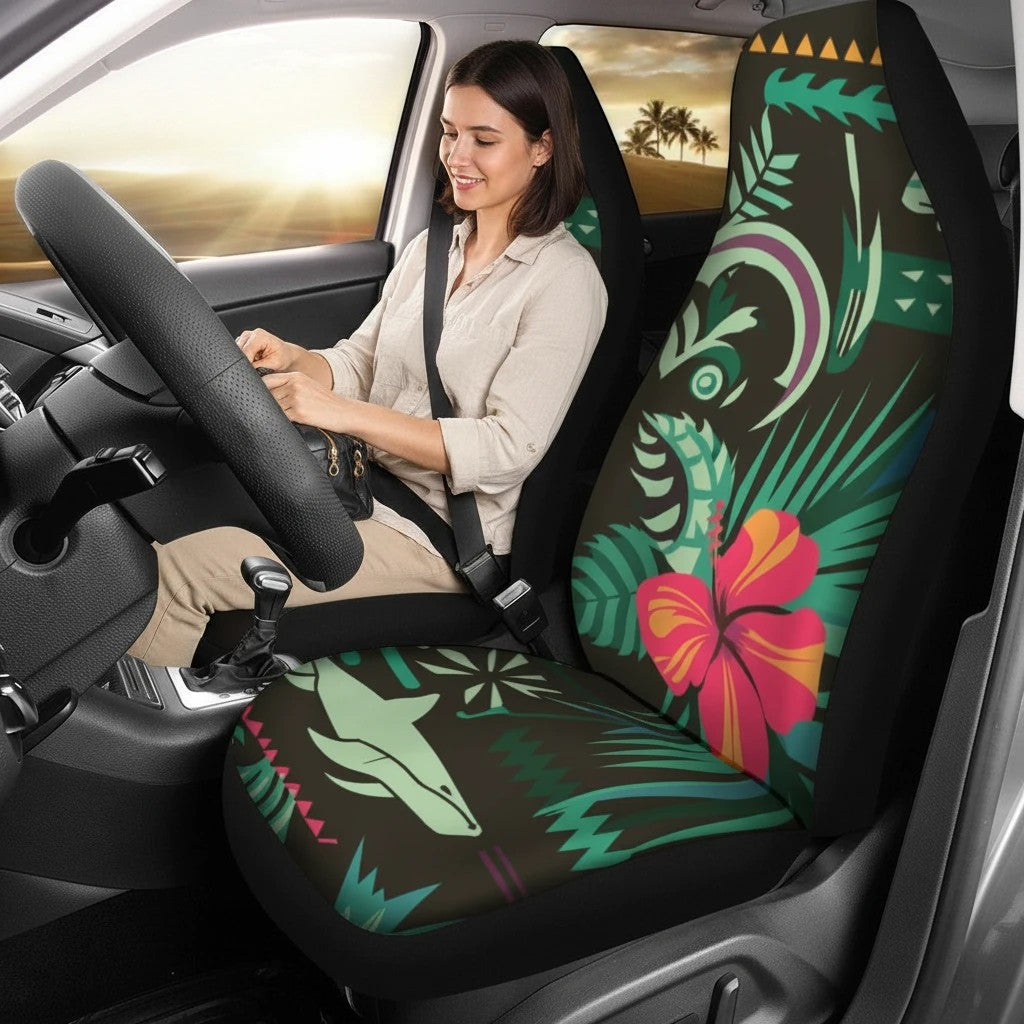 Sea Dragon Dreams Hawaii flower and shark print car seat cover in plush fabric installed in a car interior