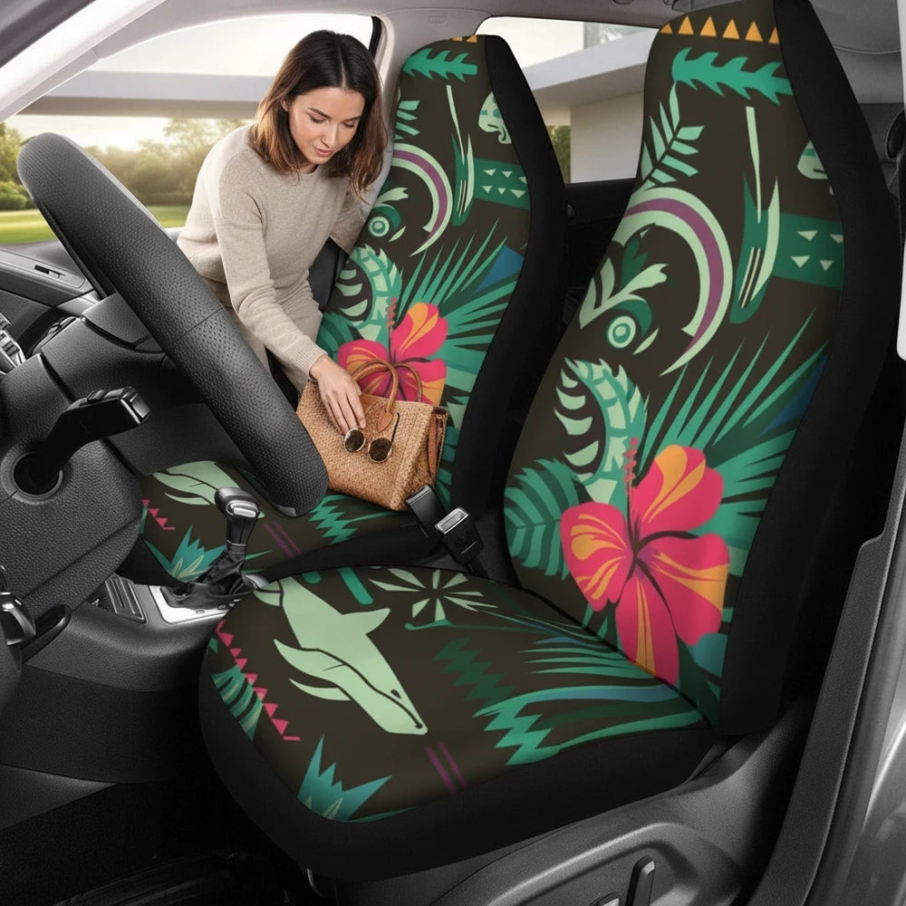 Sea Dragon Dreams Hawaii flower car seat covers with tropical shark print in plush microfiber for vehicle interior